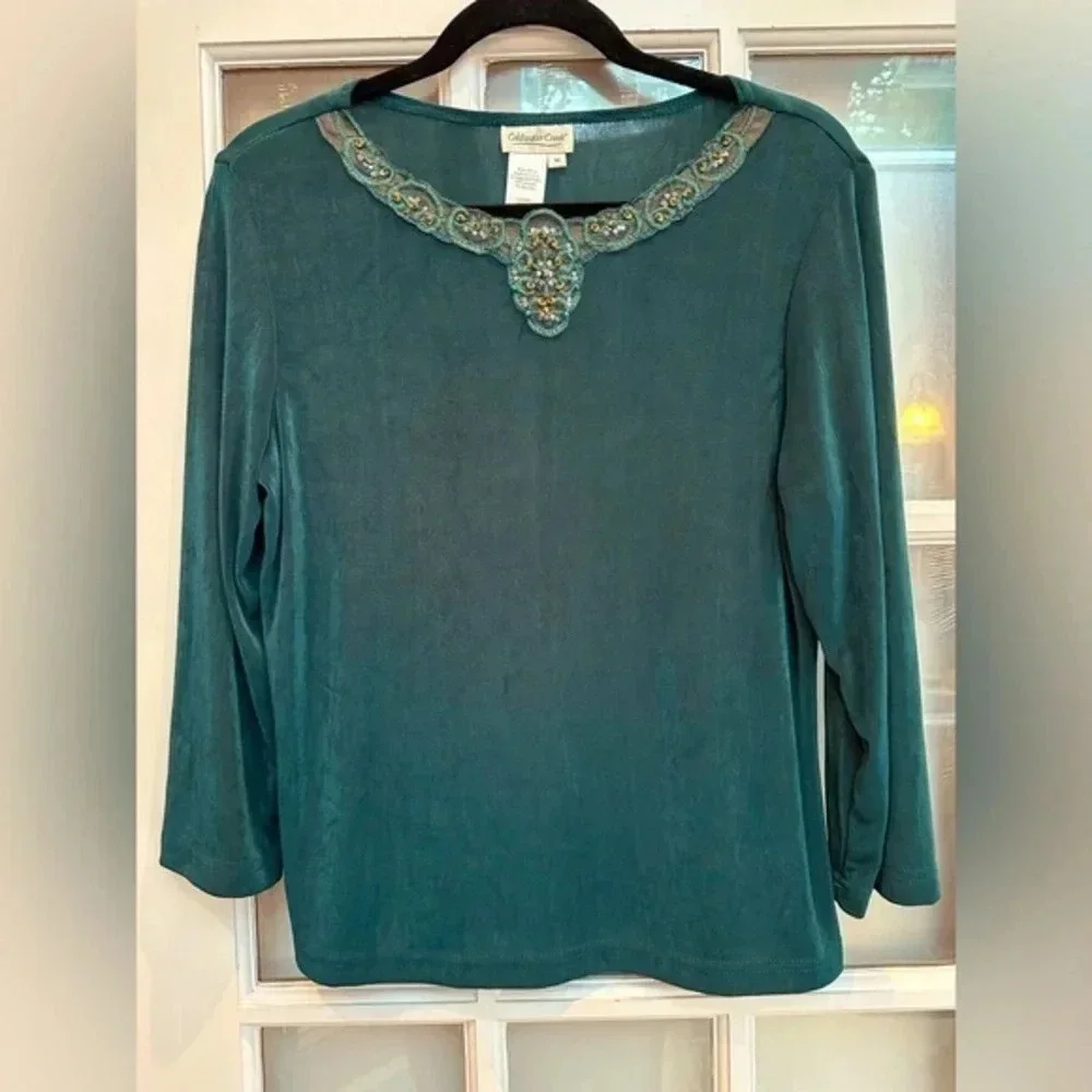 Vintage Coldwater Creek Y2K Dark Teal Beaded Sequin Fairy Chic Blouse Top Size M